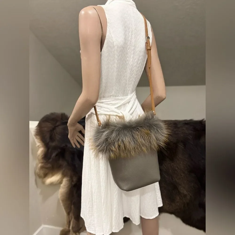 Premium Togo Cowhide with Real Fox Fur Trimmed Handmade Tote Bag/Crossbody